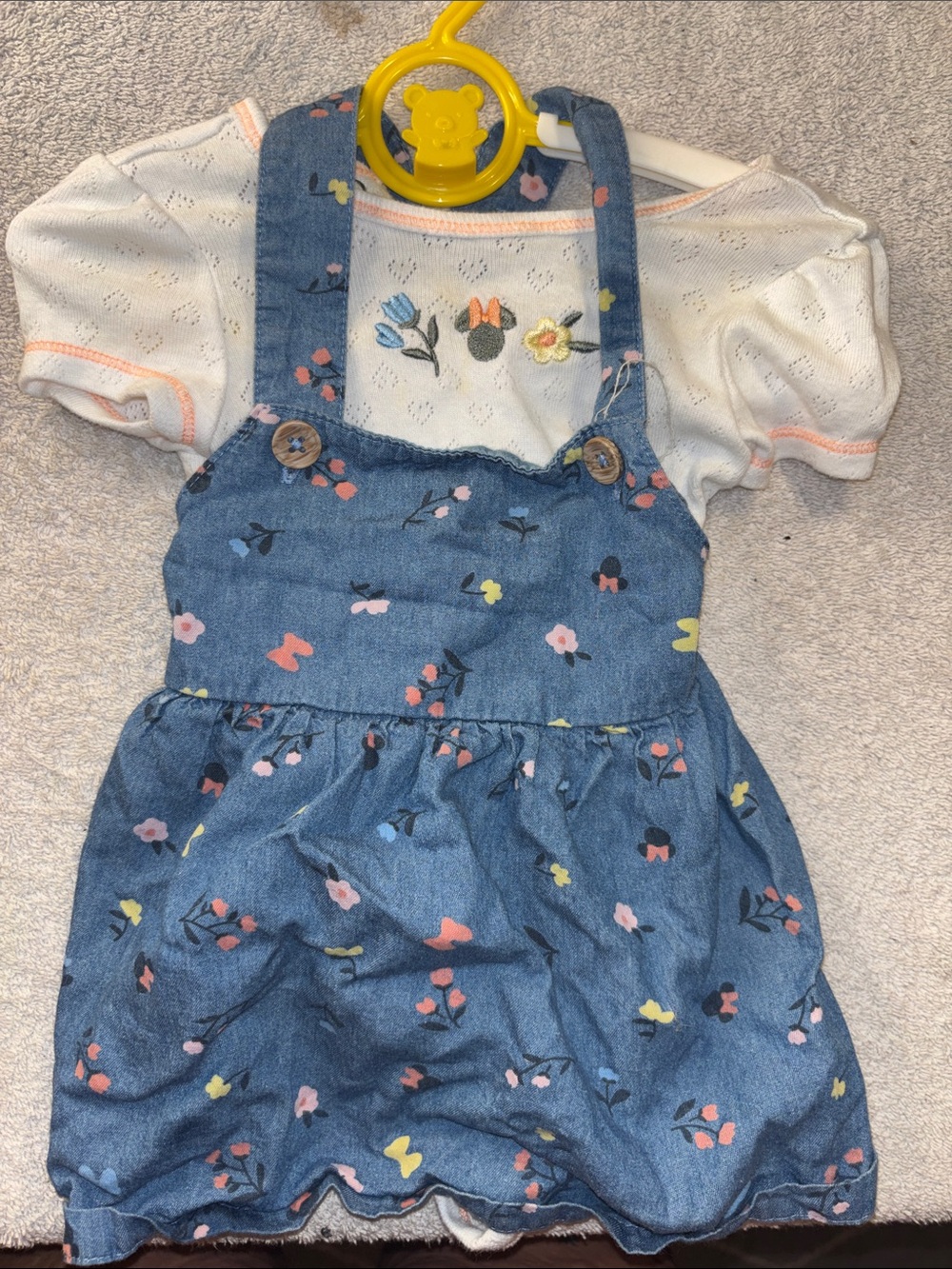 Girl's Disney Blue Floral Denim Overall Dress with White Knit Tee